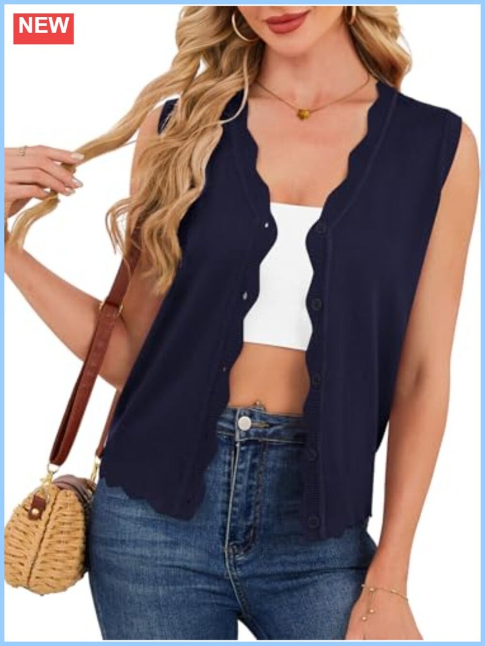 Sleeveless V Neck Button Down Scalloped Knit Cardigan Sweater Vest